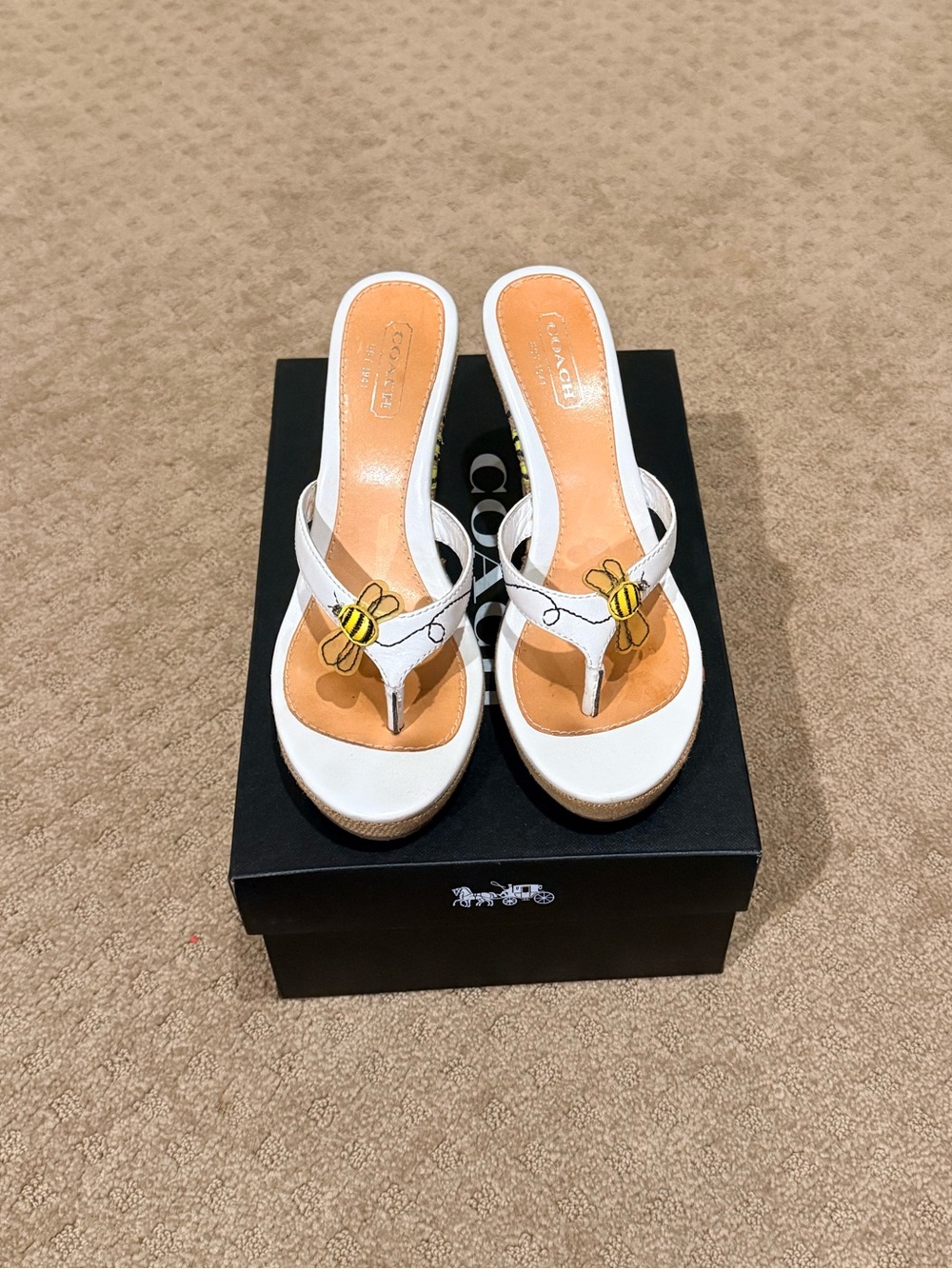 VINTAGE COACH Barely Worn White Bee Embellished Leather Thong Wedge Sandals